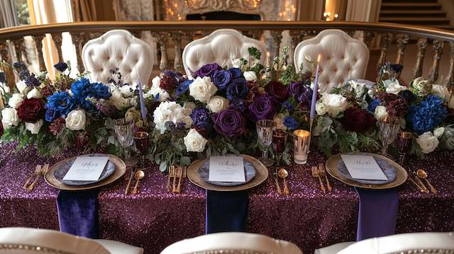 Banquet table with purple sequin linen, gold flatware, midnight and ivory florals, velvet navy runners, chairs, candlelit.