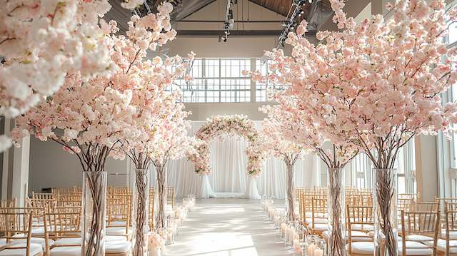 Cherry Blossoms Elegant ballroom aisle lined with tall cherry blossom trees, white petals, and dramatic floral arch for romantic ceremony