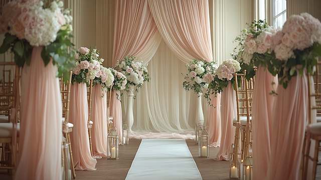 Chiffon Drapery Elegant wedding aisle with pink draping, tall floral arrangements, and white runner creating romantic ceremony space