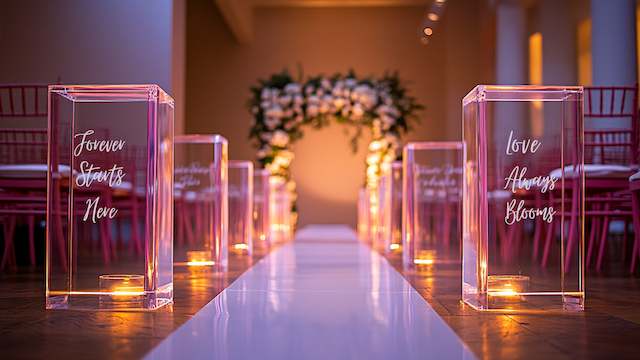 Clear Acrylic Signs Modern wedding aisle with clear acrylic quote pillars glowing with candles, white runner, pink chairs, and a floral arch under warm uplighting