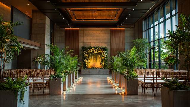 Concrete Planters a room with chairs and a stage with flowers and candles Concrete Planters