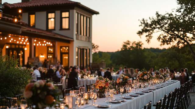 Backyard Night Wedding Outdoor wedding dinner setting with long tables, beautiful floral arrangements, and string lights illuminating the space as the sun sets