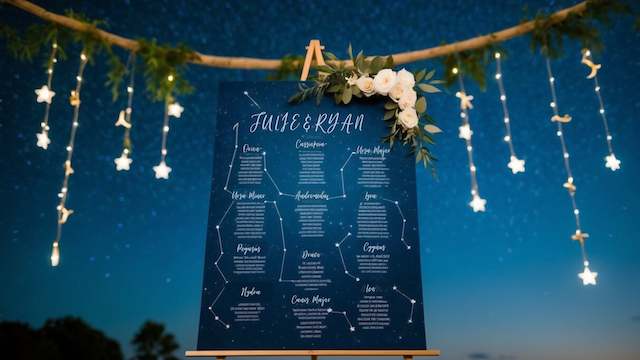 Constellation seating chart on navy board with white florals, on an easel under star string lights against a night sky.