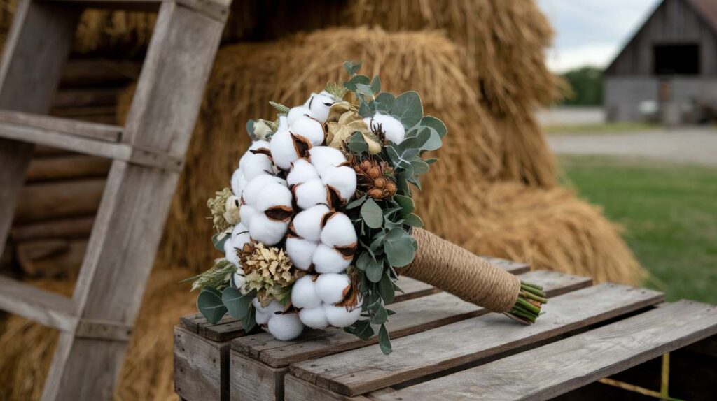 Cotton Ball Bridal Bouquet Rustic cotton boll bridal bouquet with eucalyptus greenery and twine wrap, perfect for a barn or country-themed wedding