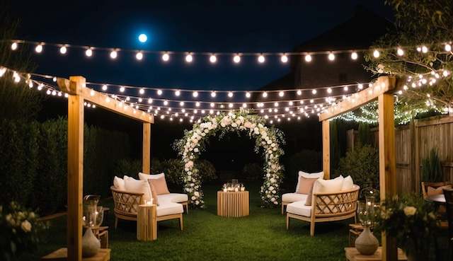 Cozy Corner for Backyard Night Wedding copy Backyard night wedding setup with string lights, floral arch, and cozy seating area under the moonlight