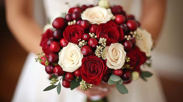 Cranberry-adorned bridal bouquet with deep red roses, ivory blooms, and fresh cranberries for a festive winter wedding look Cranberry-adorned Bridal Bouquet