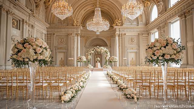 Crystal Chandeliers Grand ballroom wedding aisle with tall floral centerpieces, gold chiavari chairs, and crystal chandeliers overhead