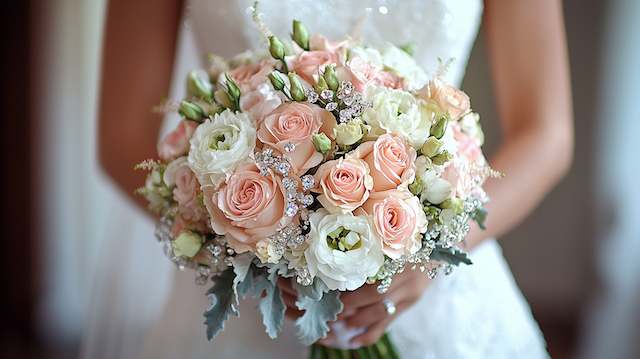 Crystal-adorned Bridal Bouquet Blush and white rose bridal bouquet accented with lisianthus and silver leaves, creating a romantic classic wedding look