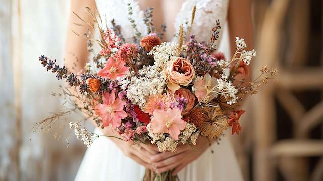 Dried Flower Bridal Bouquet Rustic dried flower bridal bouquet featuring peach roses, lavender, strawflower, and baby’s breath for a bohemian wedding look