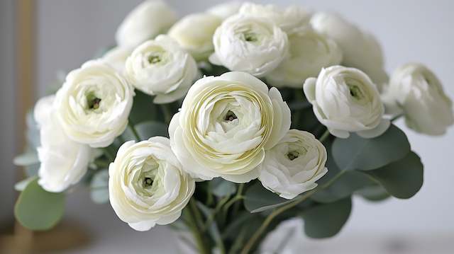 Eucalyptus and Ranunculus Bridal Bouquet Elegant white ranunculus bridal bouquet with soft layered petals and eucalyptus leaves for a romantic modern wedding look