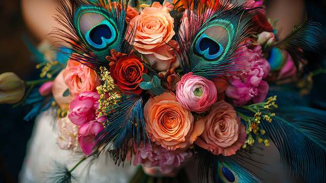 Feather and Floral Mix Bridal Bouquet Peacock feather wedding bouquet with coral, pink, and orange roses, creating a bold and elegant bridal arrangement