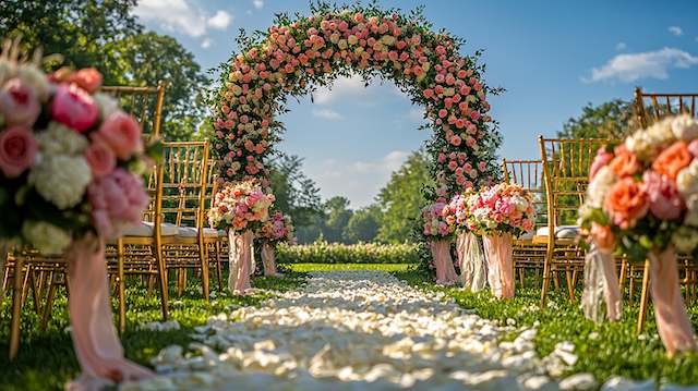 Floral Arch Outdoor ceremony aisle with white rose petals, gold chairs and blush floral arrangements, leading to a lush pink rose arch under a blue sky