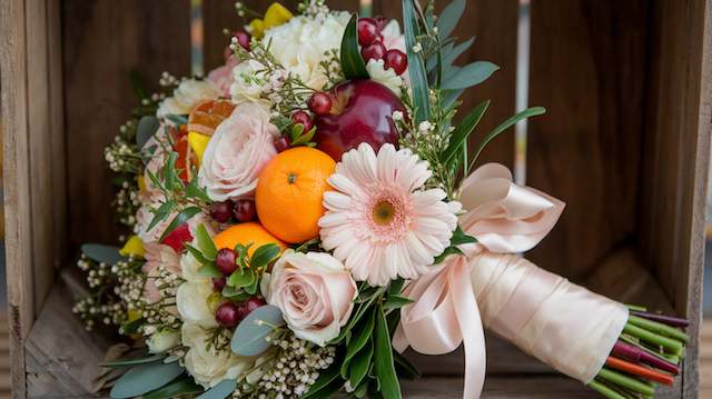Fruit and Florals Combo Bridal Bouquet Fruit and floral bridal bouquet with oranges, apples, blush roses, and pink gerbera daisies wrapped in satin ribbon for a vibrant wedding look