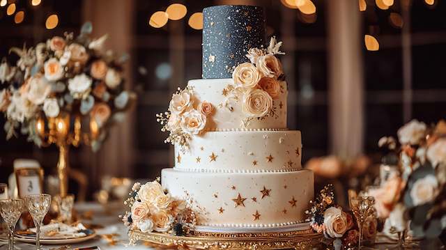 Celestial four tier wedding cake with navy starry top, white tiers sprinkled with gold stars and blush roses, on gilded stand amid candlelit florals.