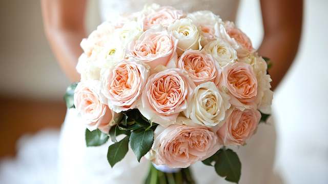 Garden Rose Bridal Bouquet Peach and ivory garden rose bridal bouquet featuring soft ruffled petals and lush greenery for a romantic classic wedding look.