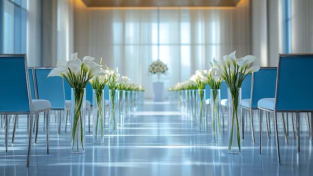Geometric Vases Modern ceremony aisle with tall clear vases of white calla lilies, blue chairs, glossy floor, and sheer draped backdrop at the altar