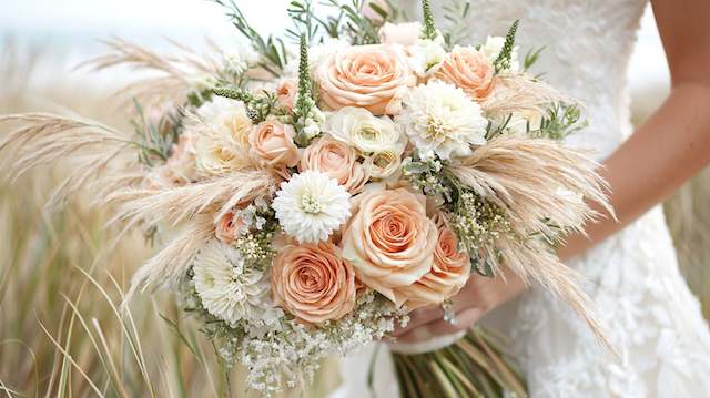 Grass and Blossom Pairing Bridal Bouquet Pampas grass and peach rose bridal bouquet with white dahlias, baby’s breath, and greenery for a soft boho beach wedding look