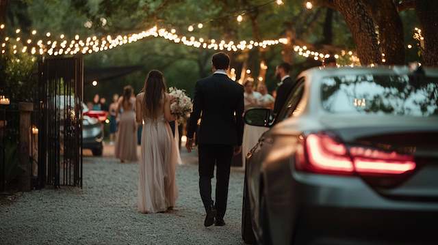 Guests arriving at backyard nigh wedding reception Couple walking under string lights towards the reception area of a backyard night wedding.