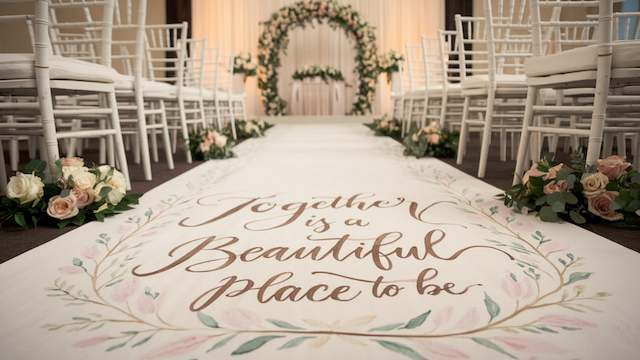 Hand-Painted Aisle Runner White hand painted aisle runner with calligraphy reading "Together is a Beautiful Place to Be" leading to floral arch and ceremony space