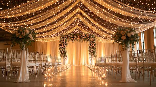 Hanging Lights Magical ballroom with draped fairy lights, floral arch, candle-lit aisle, and elegant ceremony setup