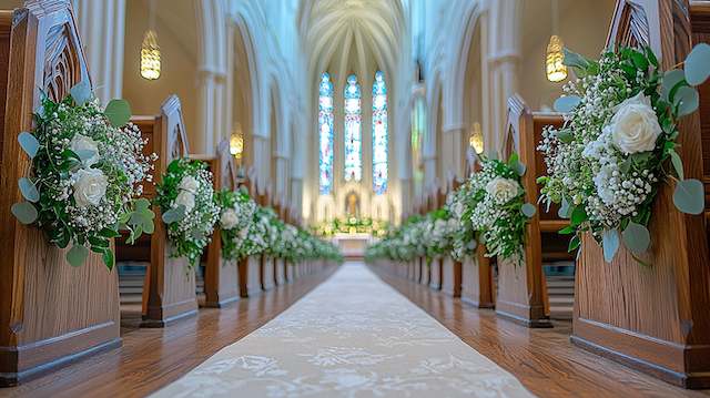 Hanging Wreaths Church wedding aisle with ivory runner, wooden pews adorned with white rose and baby’s breath bouquets with eucalyptus, stained glass altar