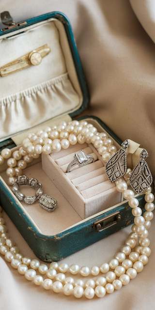 Vintage pearl necklace and Art Deco inspired rings and earrings displayed in an antique jewelry box, perfect heirloom accessories for a timeless bridal look