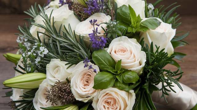 Herb-infused Bridal Bouquet Herb-infused bridal bouquet with white roses, lavender, rosemary, and basil for a fragrant and natural garden-inspired wedding look.