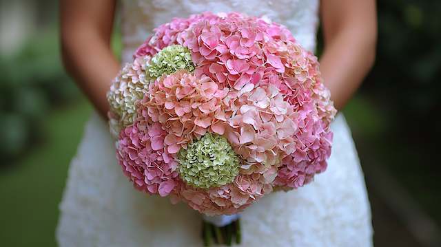 Hydrangea Bubble Bridal Bouquet Pink and green hydrangea bubble bridal bouquet featuring round clusters of soft pastel blooms for a romantic garden wedding look.