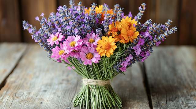Lavender and Wildflower Mix Bridal Bouquet Lavender and wildflower bridal bouquet with purple lavender, orange and pink daisies tied in twine for a rustic boho wedding look