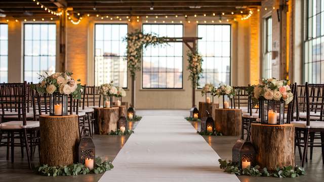 Log Stumps Industrial loft ceremony with white aisle runner, wood stumps topped with lanterns and blush rose arrangements, string lights, greenery arch, large windows