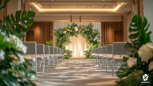 Lush Greenery Modern ballroom wedding with lush monstera leaves framing aisle, tropical greenery arch, and elegant neutral color palette
