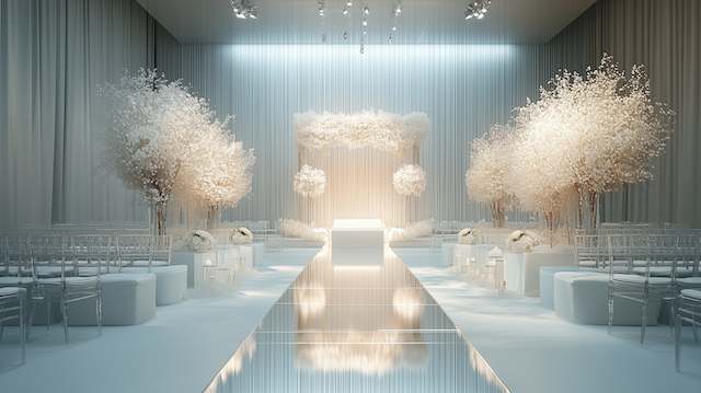 Mirrored Aisle All white ceremony with a mirrored aisle, lucite chairs, fluffy baby’s breath trees, soft draped walls, and a glowing altar under gentle spotlights