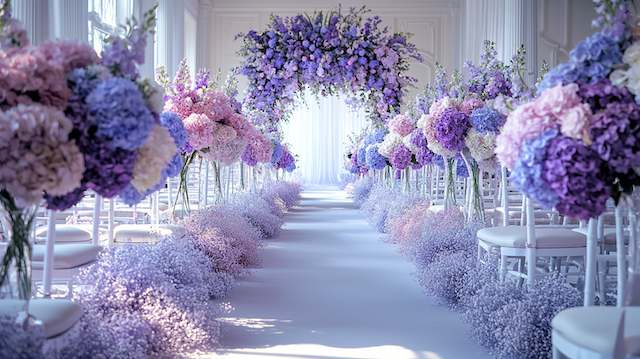Monochromatic Flowers Lavender and lilac hydrangea aisle with fluffy baby’s breath lining, white Chiavari chairs, and a lush floral arch at the altar