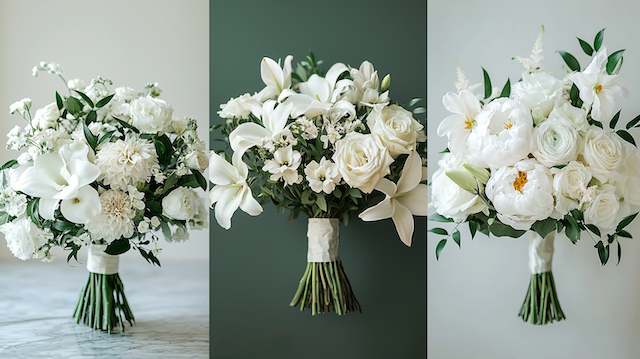 Monochrome White Bridal Bouquet Elegant monochrome white bridal bouquets featuring roses, lilies, and peonies with lush greenery for a timeless classic wedding look