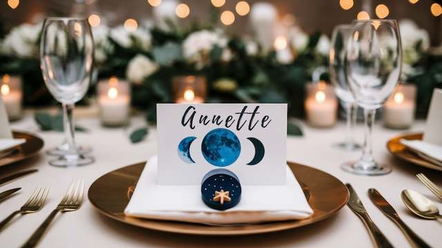 Moon phase place card reading Annette on white napkin atop a gold charger, star favor box, candles and greenery with bokeh.