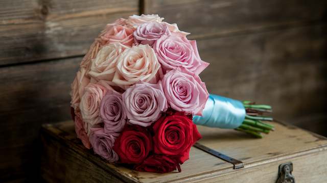 Ombre Flower Bridal Bouquet Ombre bridal bouquet featuring roses in soft pink, lavender, and deep red tones wrapped in satin ribbon for an elegant wedding look