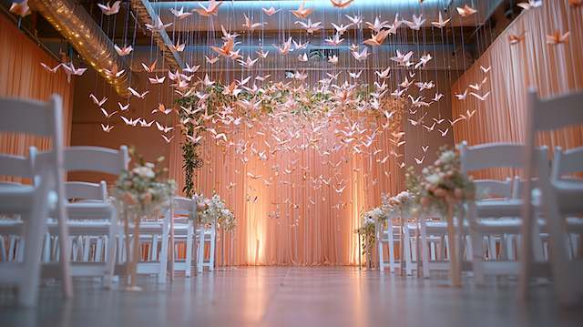 Paper Lanterns Modern ballroom aisle with suspended origami cranes, dramatic lighting, tall florals, and romantic peach backdrop