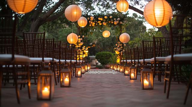 Paper Lanterns Magical evening wedding aisle with glowing paper lanterns overhead, candlelit pathway, and floral arch creating romantic ambiance