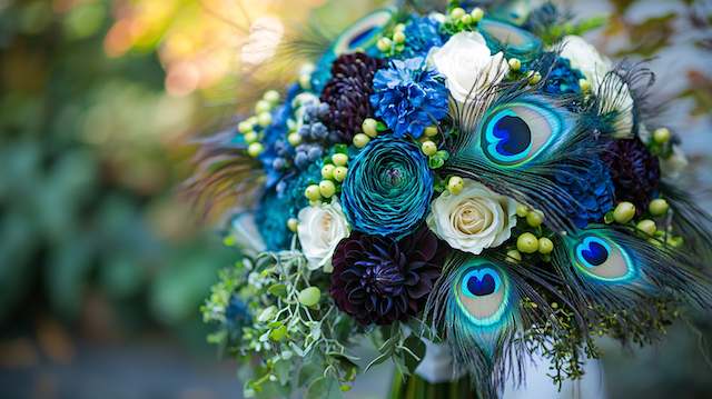Peacock Feather Bridal Bouquet Vibrant peacock feather bridal bouquet with blue hydrangeas, white roses, and emerald greenery for a bold elegant wedding look
