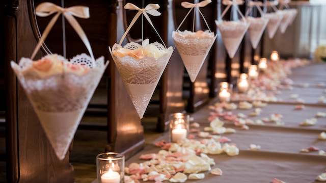 Petal Cones Lace petal cones tied with ribbons hang from pews beside an aisle strewn with blush and ivory rose petals and glowing votive candles