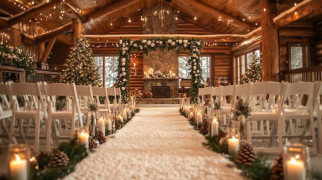 Pinecones and Evergreen Winter barn wedding with candlelit aisle, pinecones, greenery, floral arch, and string lights creating magical ambiance