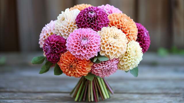Pom-pom Flower Bridal Bouquet Pom-pom flower wedding bouquet featuring vibrant dahlias in shades of pink, orange, and cream for a cheerful modern bridal look