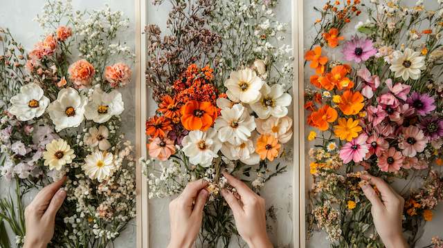 Post-Wedding Pressed Flower Bouquet Pressed flower wedding art featuring colorful dried blooms arranged in wooden frames for a romantic botanical keepsake
