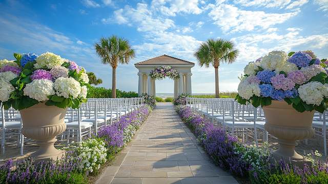 Potted Plants Coastal wedding aisle with lavender borders, hydrangea urns, white chairs, palm trees, and a pavilion framed by the ocean and blue sky.