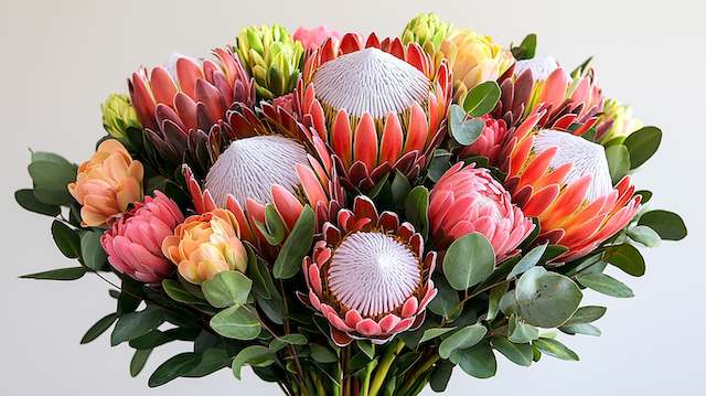 Protea Statement Bridal Bouquet Vibrant protea statement bouquet with large pink king protea blooms and lush green eucalyptus leaves for a bold modern wedding look.