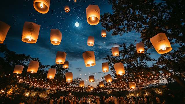 Sky lanterns rise into a starry night above a wedding reception, string lights and trees framing guests under the moon.