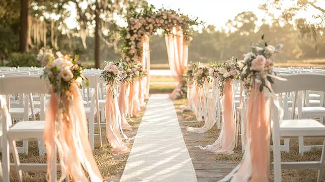 Ribbon Streamers Outdoor garden ceremony with white chairs, blush chiffon ribbon streamers, rose and greenery aisle arrangements, white runner, floral arch at sunset