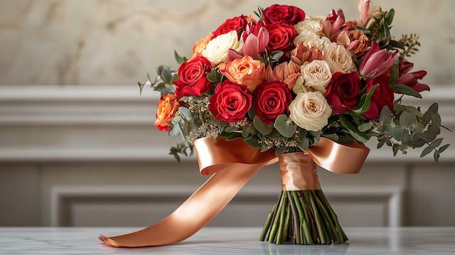 Ribbon-wrapped Bridal Bouquet Elegant wedding bouquet of red, peach, and cream roses wrapped in satin ribbon, blending romance and sophistication
