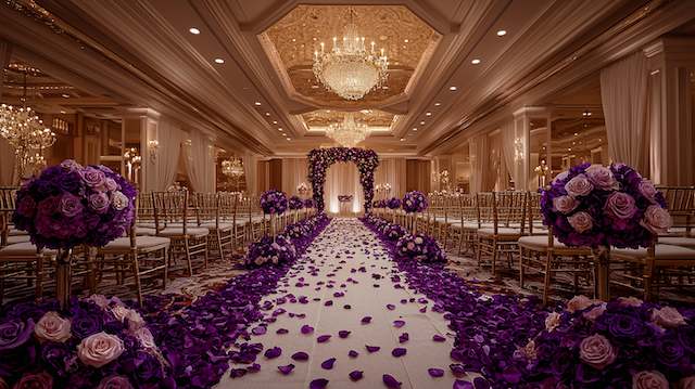 Rose Petal Carpet Luxurious ballroom aisle with purple rose petals, floral arrangements, and crystal chandeliers for elegant wedding ceremony