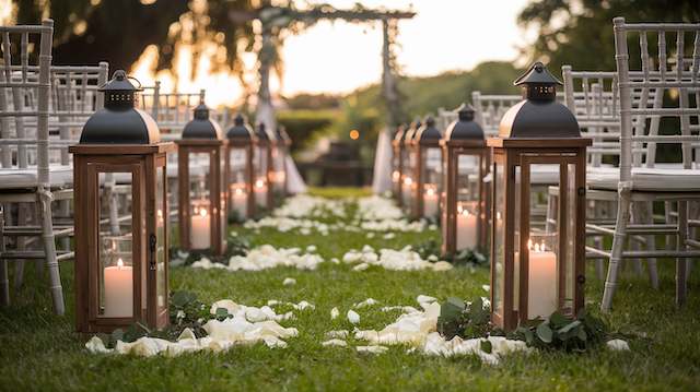 Rustic Lantern Elegance Outdoor ceremony aisle lined with wooden lanterns and glowing pillar candles, white petals on grass, white Chiavari chairs, sunset backdrop
